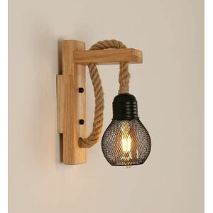 DEWDAT Vintage Industrial Wall Sconce, Retro Rustic Wooden Wall Lamp, Black Metal Cage Shade, Hemp Rope Hanging Wall Lighting for Bedroom, Living Room
