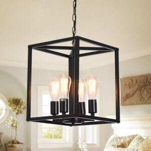 Ganeed - Vintage Lantern Pendant Light, Industrial Metal Cage Foyer Chandeliers Ceiling Lamp, 4-Light Black Hanging Pendant Lighting Fixture for