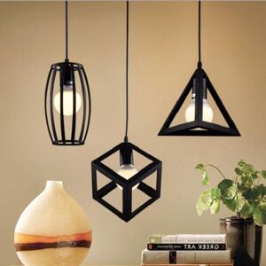 AXHUP 3pcs Pendant Lighting Fitting, Vintage Industial Metal Hanging Ceiling Lamp Goemetric Cube Triangle Drum Chandelier Fixture with Cage Lampshade for