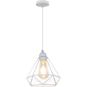 Axhup - Vintage Pendant Light Fixture, Industrial Hanging Ceiling Lamp with Metal Ø20cm Diamond Cage Lampshade, E27 Holder Chandelier White 1PCS