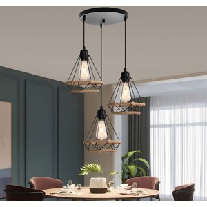 AXHUP Pendant Lighting Fitting Vintage Black, 3 Light Spiral Ø20cm Diamond Hanging Ceiling Lamp with Hemp Rope Industrial Metal Chandelier with Cage