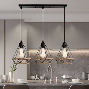 AXHUP Pendant Lighting Fitting Vintage Black, 3 Light Ø20cm Diamond Hanging Ceiling Lamp with Hemp Rope Industrial Metal Chandelier with Cage Lampshade