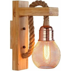 DEWDAT Vintage Solid Wood Wall Sconce Industrial Retro Style Hemp Rope Rustic Wall Lamp Indoor Lighting Metal Shade E27 Red Brown