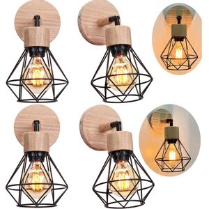 Axhup - Wooden Wall Lamp E27 Vintage Industrial Metal Cage Wall Light 180° Adjustable for Bedroom Living Room Entrance Black - 4 Pack