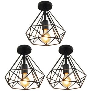 Wottes - 3-pack Vintage Ceiling Light Fixture Industrial Ceiling Lamp Metal Cage Pendant Light Black Diamond Lamp Shape Ø25CM Wottes - 3-pack Vintage Ceiling Light Fixture Industrial Ceiling Lamp Metal Cage Pendant Light Black Diamond Lamp Shape Ø25CM