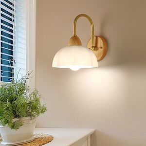 Tonchean - Modern Metal Wall Light Decorative Wooden E27 Wall Sconce for Hallway Aisle Bedside Study Room with Elegant White Glass Shade,B Tonchean - Modern Metal Wall Light Decorative Wooden E27 Wall Sconce for Hallway Aisle Bedside Study Room with Elegant White Glass Shade,B