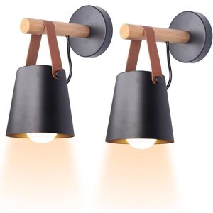 GOTRAYS Set of 2 Vintage Minimalist Indoor Wall Lamps Modern E27 Wall Light with Metal Shade and Wooden Holder for Bedroom, Study and Hallway (Black) GOTRAYS Set of 2 Vintage Minimalist Indoor Wall Lamps Modern E27 Wall Light with Metal Shade and Wooden Holder for Bedroom, Study and Hallway (Black)