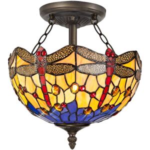 Litecraft - Tiffany by Tiff Ceiling Light Semi Flush With Dragonfly Shade - Brass Litecraft - Tiffany by Tiff Ceiling Light Semi Flush With Dragonfly Shade - Brass