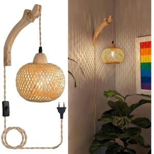 IKODM Vintage Wooden Indoor Wall Light Wall Lamp with Plug and Switch, E27 Retro Bamboo Lantern, Rattan Bedside Lamp for Bedroom Living Room (Without Bulb) IKODM Vintage Wooden Indoor Wall Light Wall Lamp with Plug and Switch, E27 Retro Bamboo Lantern, Rattan Bedside Lamp for Bedroom Living Room (Without Bulb)