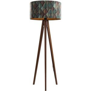 Qazqa - Walnut Wood Floor Lamp with Velvet Lampshade Leaf Design 50cm - Tripod Classic Qazqa - Walnut Wood Floor Lamp with Velvet Lampshade Leaf Design 50cm - Tripod Classic