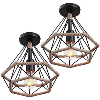 Axhup - 2pcs Ø25cm Dimaond Pendant Light Retro Hemp Rope Chandelier with Metal Cage Vintage Industrial Hanging Ceiling Lamp Axhup - 2pcs Ø25cm Dimaond Pendant Light Retro Hemp Rope Chandelier with Metal Cage Vintage Industrial Hanging Ceiling Lamp