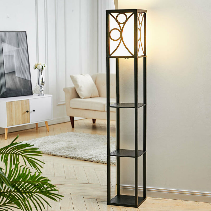 Livingandhome - 3 in 1 Wooden and Linen Floor Lamp with Shelves,Black Geometric Pattern
