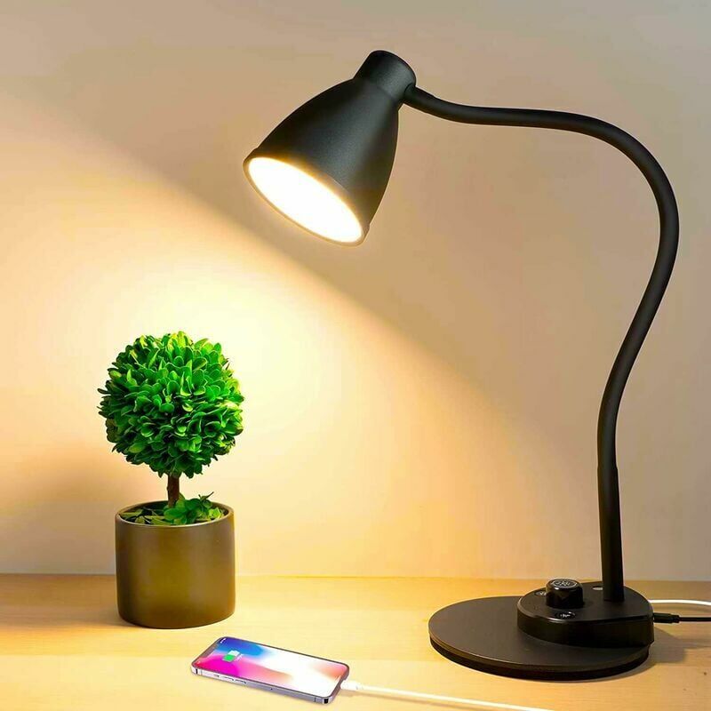 DEWDAT Led Desk Lamp with usb Charging Port 3 Color Modes Reading Light Fully Dimmable Smart Induction Auto-Dimming Work Light Flexible Gooseneck Table Lamp