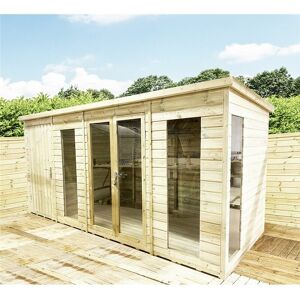 MARLBOROUGH 10 x 10 Combi Pressure Treated Tongue & Groove Pent Summerhouse With Higher Eaves And Ridge Height + Side Shed + Toughened Safety Glass + Euro Lock