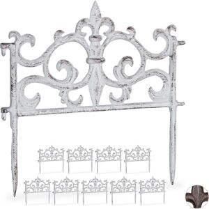 Set of 10 Relaxdays Cast Iron Flowerbed Fences, Vintage, Single Panel, Decorative Lawn Edging, HxW: 27x27cm, White