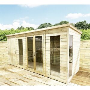 MARLBOROUGH 11 x 10 Combi Pressure Treated Tongue & Groove Pent Summerhouse With Higher Eaves And Ridge Height + Side Shed + Toughened Safety Glass + Euro Lock