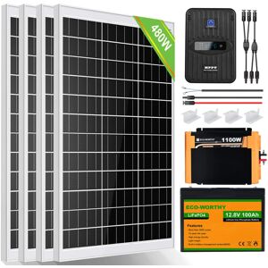 480W 12V Solar Panel Kit Off-Grid System with Lithium Battery for Household Shed - Eco-worthy