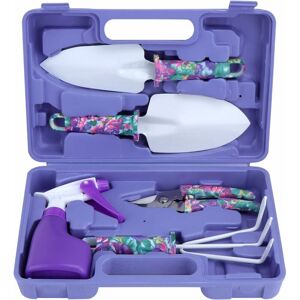 5 Pieces Gardening Tools with Storage Box with Transplanters Scissor Harrow Anti-Rust Sprayer(Purple) - Rhafayre