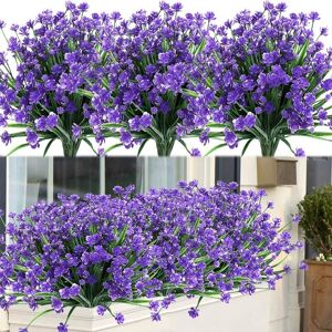 AOUGO 8 Bundles Outdoor Artificial Fake Flowers uv Resistant Shrubs Plants, Faux Plastic Greenery for Indoor Outside Hanging Plants Garden Porch Window Box