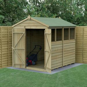 Forest Garden - 8' x 6' Forest 4Life 25yr Guarantee Overlap Pressure Treated Double Door Apex Wooden Shed - 4 Windows (2.42m x 1.99m) - Natural Timber