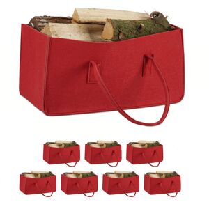 Set of 8 Relaxdays Felt Firewood Basket, Portable Magazine Holder, Wood Bin h x w x d: 25 x 25 x 50 cm, Red