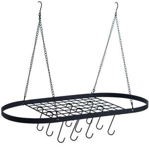 Famiholld - fch Hanging Adjustable Oval Belt with 10 Hooks Iron 804253.34cm Black Pot Rack Wrought Iron Style