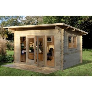 Worcester Log Cabins - Installed 4.0m x 3.0m Pent Stylish Log Cabin With Glazed Double Doors - 44mm Wall Thickness includes Free Shingles