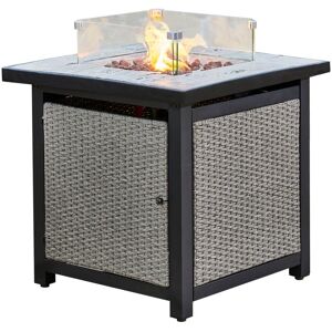 TEAMSON HOME Outdoor Garden Rattan Propane Gas Fire Pit Table Burner, Smokeless Firepit, Patio Furniture Heater with Glass Screen, Lava Rocks & Cover - Grey