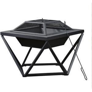 Teamson Home - Outdoor Wood Burning Fire Pit, Square Metal Garden Heater, Log Burner, Includes Lid & Poker - 60 x 60 x 52 (cm) - Black Geometric