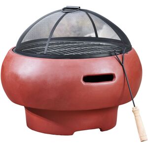 Teamson Home - Outdoor Wood Burning Fire Pit, Round Concrete Garden Heater, Log Burner, Includes Lid & Poker - 53 x 53 x 47 (cm) - Red - Red