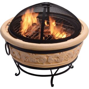 Teamson Home - Garden Round Wood Burning Fire Pit, Outdoor Furniture Chimenea, Firepit Heater, Fire Bowl Log Burner with Poker, Grill & Lid, Natural