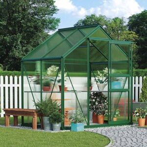 THOMPSON & MORGAN Polycarbonate Greenhouse Large Walk-in Garden Growhouse, Rust-proof Frame, Sliding Door & Supported Twin Wall Panels with Steel Base 6x4 ft (Green)