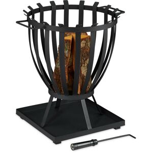 Relaxdays Fire Basket with Base Plate & Poker, Log Burner for Garden & Terrace, Steel, Lattice, 57 x 56 x 47.5 cm, Black