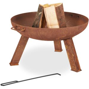 Fire Basket with Poker, HxØ 35 x 60 cm, Log Burner for Garden & Terrace, Open Design in Rust Look, Brown - Relaxdays