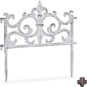 Cast Iron Flowerbed Fence, Vintage Design, Single Panel, Decorative Lawn Edging, HxW: 27x27cm, White - Relaxdays