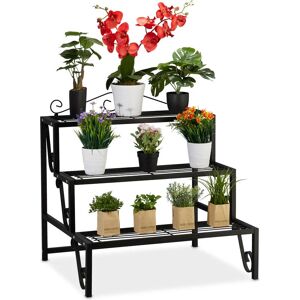 Plant Stand, Flower Rack with 3 Shelves, Powder Coated, h x w x d: 69 x 70 x 60 cm, Metal, Black - Relaxdays