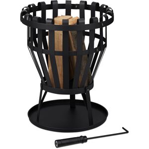 Relaxdays - Fire Basket with Base Plate & Poker, HxØ 50 x 40 cm, Log Burner for Garden & Terrace, Steel, Lattice, Black