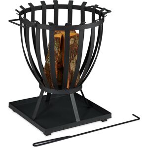 Relaxdays Fire Basket with Poker, HxØ 42 x 40 cm, Log Burner for Garden & Terrace, Steel, Open Design, Black