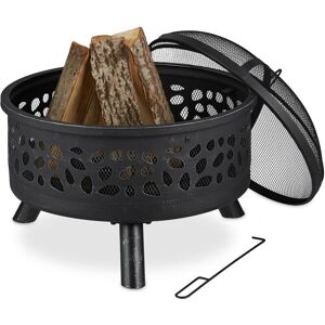 Relaxdays - Fire Bowl with Spark Protection Lid and Poker, ø 60 cm, Log Burner, Garden & Terrace, Steel, Black/Silver