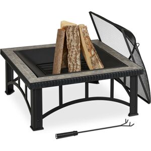 Fire pit, spark guard & poker, metal frame and stone detail, garden & patio, 76.5 x 76.5 x 54 cm, black/grey - Relaxdays