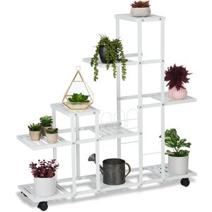 Flower Stand on Wheels, HxWxD: 91.5 x 93 x 26 cm, Metal, 9 Tiered Shelves, Indoor Plant Pot Display, White - Relaxdays