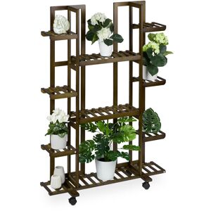 Plant Stand, 9 Shelves, Wheels, Flower Rack, Indoor, h x w x d: 130 x 89 x 30 cm, Bamboo, Brown - Relaxdays