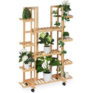 Plant Stand, 9 Shelves, Wheels, Flower Rack, Indoor, h x w x D:130 x 89 x 30 cm, Bamboo, Natural - Relaxdays