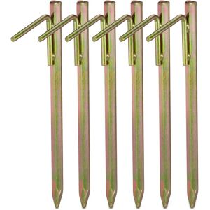 Tent Pegs Set of 6, Ground Anchor for Hard Soil, Camping, Galvanised Steel Hooks, Metal, Durable, 30cm, Gold - Relaxdays