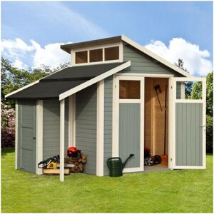 7x10 Wooden Skylight Garden Shed + Lean To Store Storage Grey White - Rowlinson