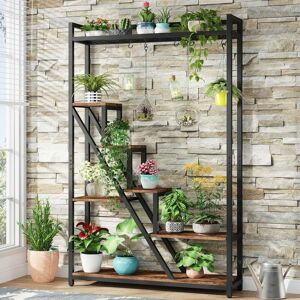 Tribesigns - 70.9' Tall Indoor Plant Stand, 7-Tier Large Metal Plant Shelf with 5 S-Hooks, Industrial Wood Flower Stand Display Rack for Indoor,