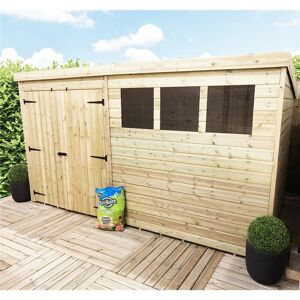 Marlborough - 14 x 5 Pressure Treated Tongue And Groove Pent Shed With 3 Windows And Double Doors + Safety Toughened Glass