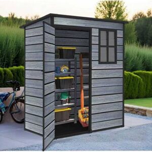 BIRCHTREE 5X3FT Plastic Garden Shed Pent with Floor Window Lockable Door Wood Grain Grey