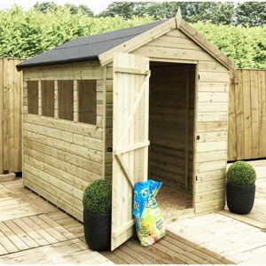Marlborough - 8 x 5 Premier Pressure Treated Tongue And Groove Apex Shed With Higher Eaves And Ridge Height + 4 Windows + Single Door + Safety