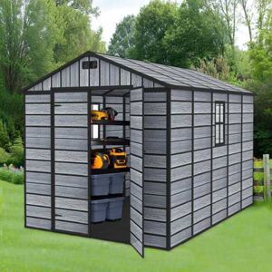 BIRCHTREE 8X10FT Plastic Garden Shed Apex with Floor Window Lockable Door Wood Grain Grey